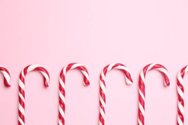 Mutlu Noeller ve mutlu yıllar. Pembe arka planda şeker kamışları, düz yatış. Metin için boşluk