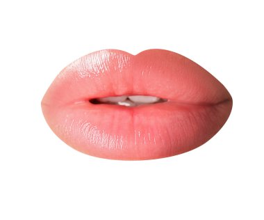Güzel, çıplak rujlu, beyaz tenli kadın dudakları.