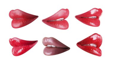 Beyaz ruj izole edilmiş kadın dudakları.