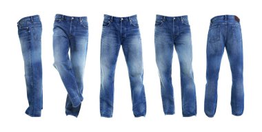 Beyazlar içinde izole edilmiş kot pantolon takımı.