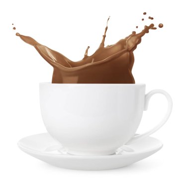 Lezzetli kakao içeceği beyaz arka planda bardağa sıçrıyor