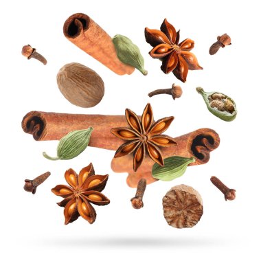 Noel içecekleri ve yemekler için farklı baharatlar. Beyaz arka plana dökülen anason, kakule, tarçın, hindistan cevizi ve karanfil.