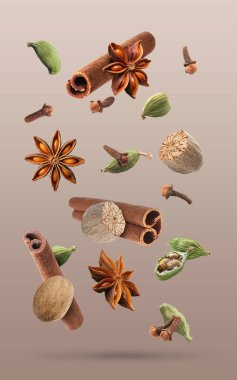 Noel içecekleri için farklı baharatlar ve kahverengi arkaplana düşen yemekler. Anason, kakule, tarçın, hindistan cevizi ve karanfil.