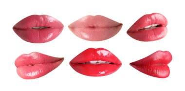 Beyaz ruj izole edilmiş kadın dudakları.