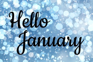 Merhaba Ocak. Mavi arka planda kar ve bokeh ışıkları olan kış saati kartı