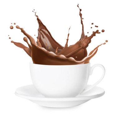 Lezzetli kakao içeceği beyaz arka planda bardağa sıçrıyor