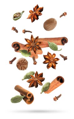 Noel içecekleri ve yemekler için farklı baharatlar. Beyaz arka plana dökülen anason, kakule, tarçın, hindistan cevizi ve karanfil.