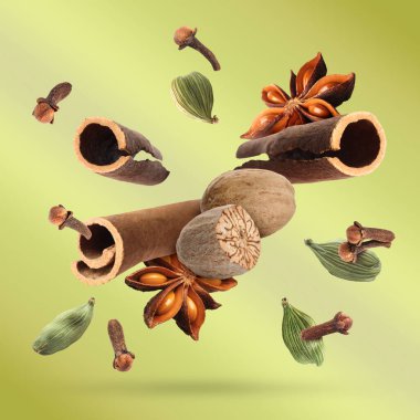 Noel içecekleri için farklı baharatlar ve yeşil arkaplana düşen yemekler. Anason, kakule, tarçın, hindistan cevizi ve karanfil.