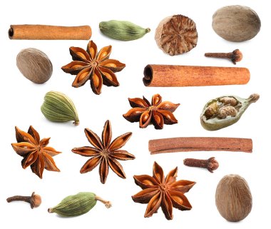 Beyaz arka planda farklı Noel baharatları seti. Anason, hindistan cevizi, kakule, karanfil ve tarçın.