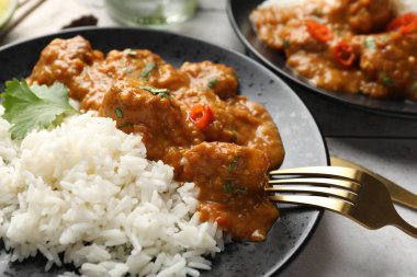 Pirinçli tavuk tikka masala. Hafif fayanslı masada servis edilir. Yakın plan.