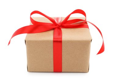 Beyaz kurdeleli bir hediye kutusu.