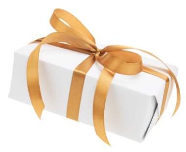 Beyaz kurdeleli bir hediye kutusu.