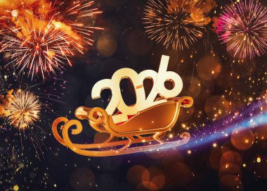 Mutlu yıllar tebrik kartı. Kızaktaki 2026 numara ve gökyüzündeki havai fişekler, bokeh ışıkları