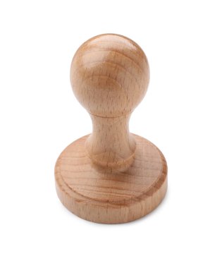 Beyaza izole edilmiş bir tahta pul. Ofis aracı