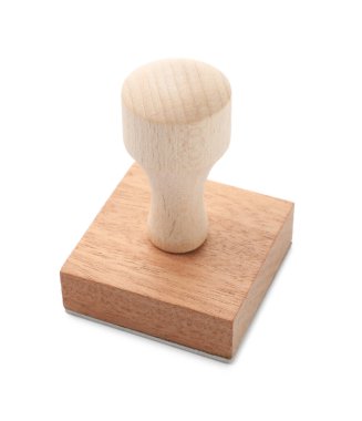 Beyaza izole edilmiş bir tahta pul. Ofis aracı