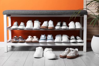 Farklı çocuk ayakkabıları, depolama tezgahı ve turuncu duvarın yanındaki ev bitkisi.