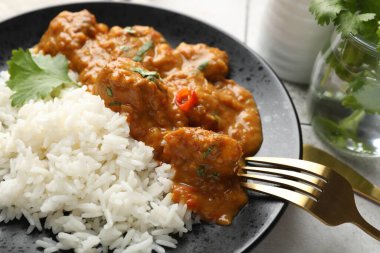 Pirinçli tavuk tikka masala. Hafif fayanslı masada servis edilir. Yakın plan.