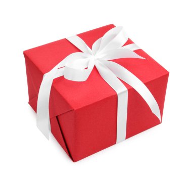 Beyaz kurdeleli bir hediye kutusu.