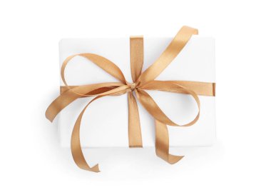 Kurdeleli bir hediye kutusu beyaz, üstten görünüyor.