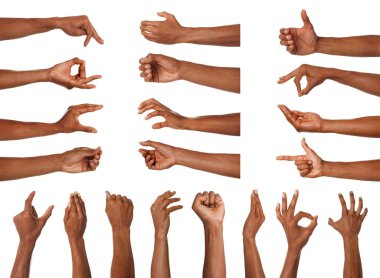 El hareketleriyle. Beyaz arka planda kollarını gösteren Afro-Amerikalı adam, yakın plan.