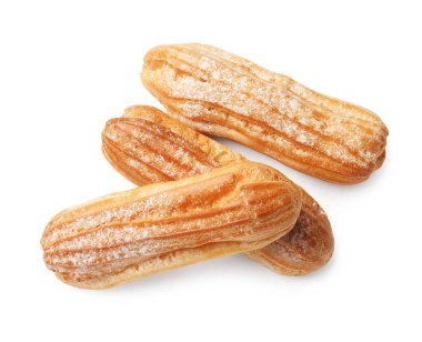 Beyaz, üst görünümde izole edilmiş pudra şekerli lezzetli eklerName