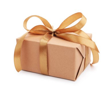 Beyaz kurdeleli bir hediye kutusu.