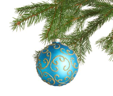 Noel balosu, köknar ağacının dalında asılı, beyaza izole edilmiş. Metin için boşluk