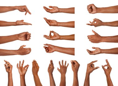 El hareketleriyle. Beyaz arka planda kollarını gösteren Afro-Amerikalı adam, yakın plan.