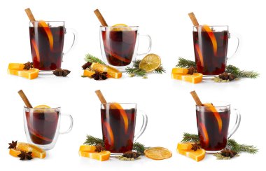 Cam bardaklarda sıcak şarap, beyaz manzarada izole.