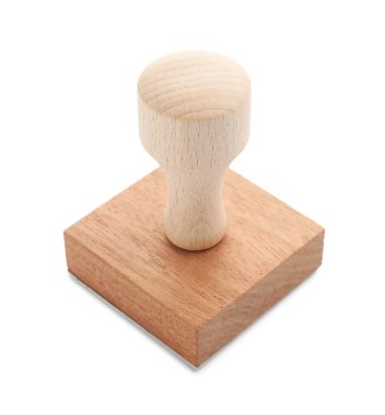 Beyaza izole edilmiş bir tahta pul. Ofis aracı