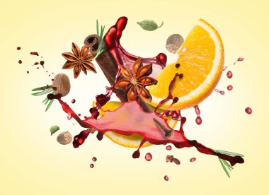 Sıcak şarap sıçraması, baharatlar ve sarı arka planda portakal dilimleri