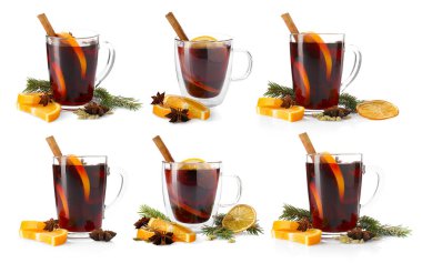 Cam bardaklarda sıcak şarap, beyaz manzarada izole.