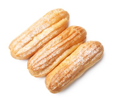 Beyaz, üst görünümde izole edilmiş pudra şekerli lezzetli eklerName