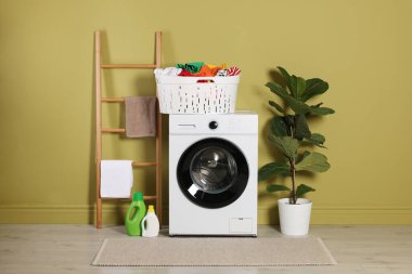 Modern çamaşır makinesi, deterjanlar, ev bitkisi ve zeytin duvarının yanındaki giysiler.