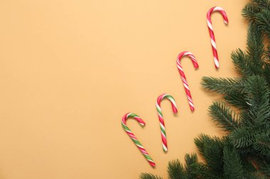 Soluk turuncu arka planda şeker kamışlı düz kompozisyon, yazı için boşluk. Noel hediyesi