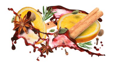 Beyaz arka planda şarap, baharat ve portakal dilimleri.