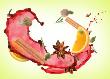 Açık yeşil arka planda şarap, baharat ve portakal dilimleri.