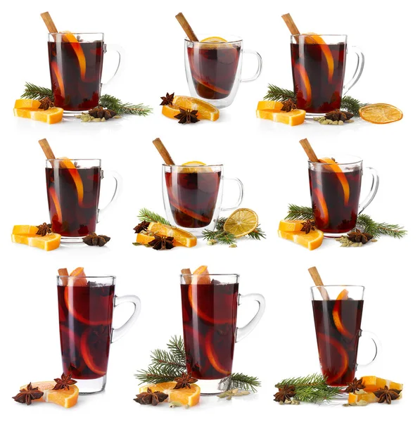 Cam bardaklarda sıcak şarap, beyaz manzarada izole.