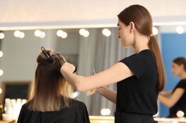 Güzellik salonunda kuaför aynanın yanında kadın saçı kesiyor.