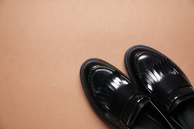 Kahverengi arka planda bir çift şık mokasen ayakkabı, üst manzara. Metin için boşluk