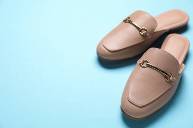Açık mavi arka planda bir çift şık katır ayakkabısı, yakın plan. Metin için boşluk