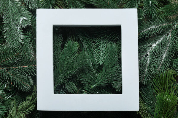 Frame on artificial fir tree branches, top view with space for text. Christmas decor