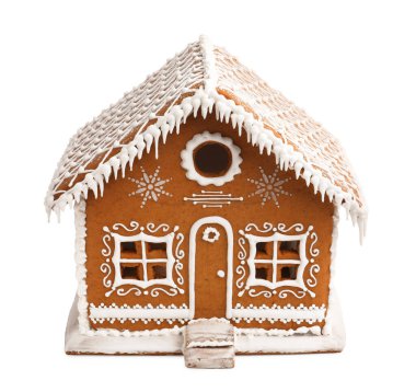 Beyaz üzerine izole edilmiş güzel zencefilli kurabiye evi. Noel hediyesi