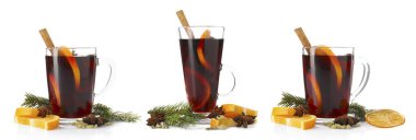 Cam bardaklarda sıcak şarap, beyaz manzarada izole.