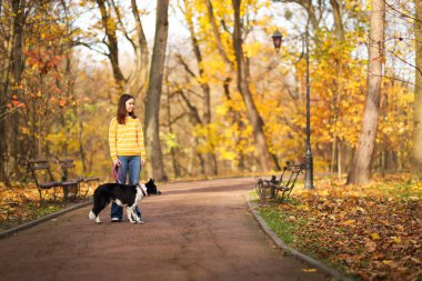 Sonbahar parkında sevimli köpeğini gezdiren bir kadın.