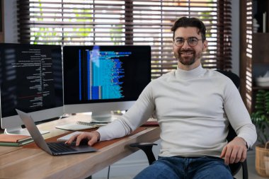 İş yerinde gözlüklü gülümseyen programcının portresi