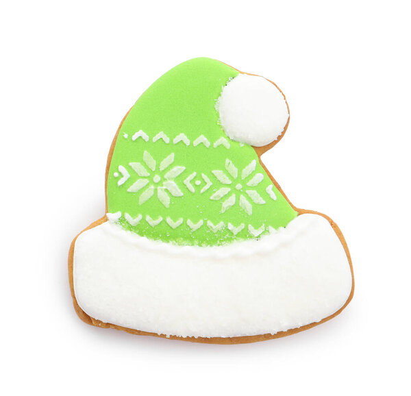 Gingerbread cookie in shape of hat isolated on white, top view. Christmas treat