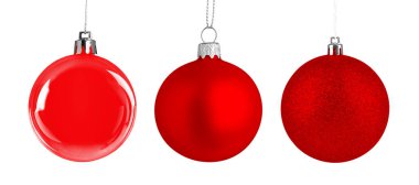 Christmas balls isolated on white, set. Red festive ornaments