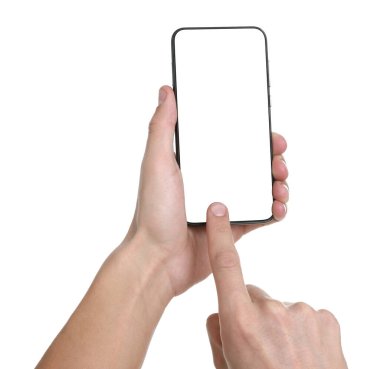 Man holding smartphone with blank screen on white background, closeup. Mockup for design