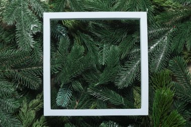 Yapay köknar dallarının çerçevesi, üst görünümü yazı için alan. Noel dekoru